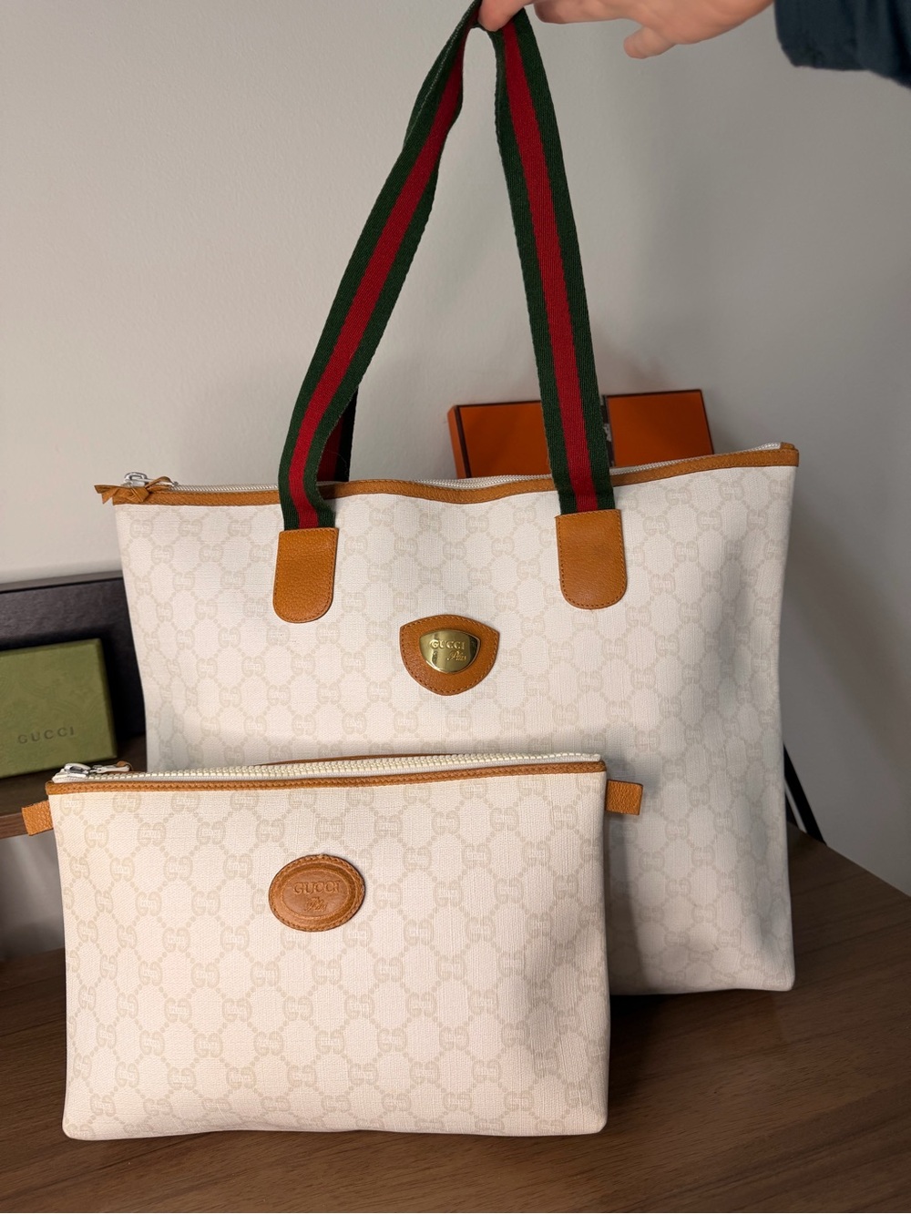 AUTHENTIC - Vintage Gucci Plus Cream GG Canvas Tote and Pouch Set